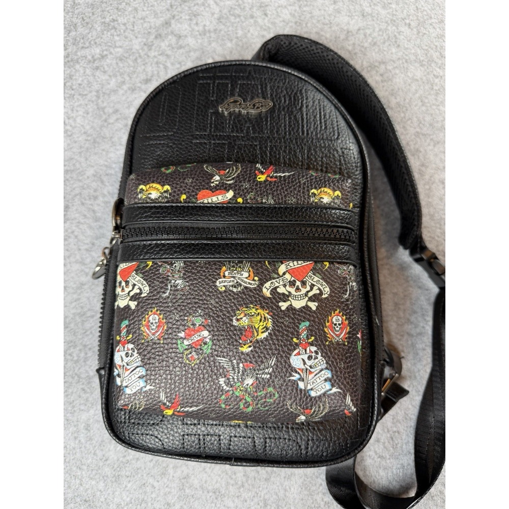 Ed Hardy Sling Backpack Crossbody Bag New NWT Flash Tattoo Print Defect Emblem